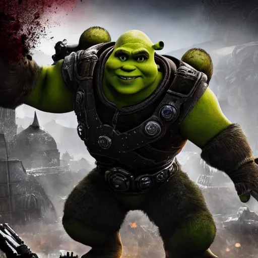 Prompt: Shrek in 'Gears of War', splash art, movie still, cinematic lighting, detailed face, dramatic, octane render, long lens, shallow depth of field, bokeh, anamorphic lens flare, 8k, hyper detailed, 35mm film grain