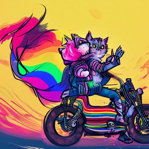 Image similar to wide angle full body, jacket wearing fluffy cute rainbow kitten wearing a black leather motorcycle jacket, riding on a motorcycle, cinematic concept art