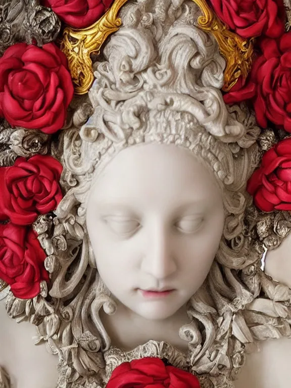 Prompt: a beautiful portrait render of a recatholic rococo roses veiled red queen sculpture,with baroque symmetry intricate detailed ,heart,pray,love,crystal-embellished,by Daveed Benito,LEdmund Leighton,Virginie Ropars,aaron horkey,Billelis,trending on pinterest,hyperreal,gold,silver,ivory,maximalist,glittering,golden ratio,cinematic lighting