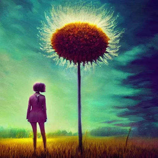 Image similar to huge daisy flower head, frontal, a girl in a suit, surreal photography, sunrise, dramatic light, impressionist painting, digital painting, artstation, simon stalenhag