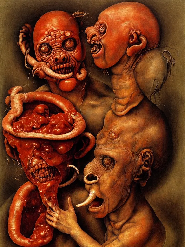 Image similar to a boy like eraserhead and elephant man sitting in a tub full of tomato sauce, looking straight into camera, screaming in desperation, by giuseppe arcimboldo and ambrosius benson, renaissance, fruit, fractal elements in play, intricate and intense oil paint, a touch of beksinski and hr giger and edward munch, realistic