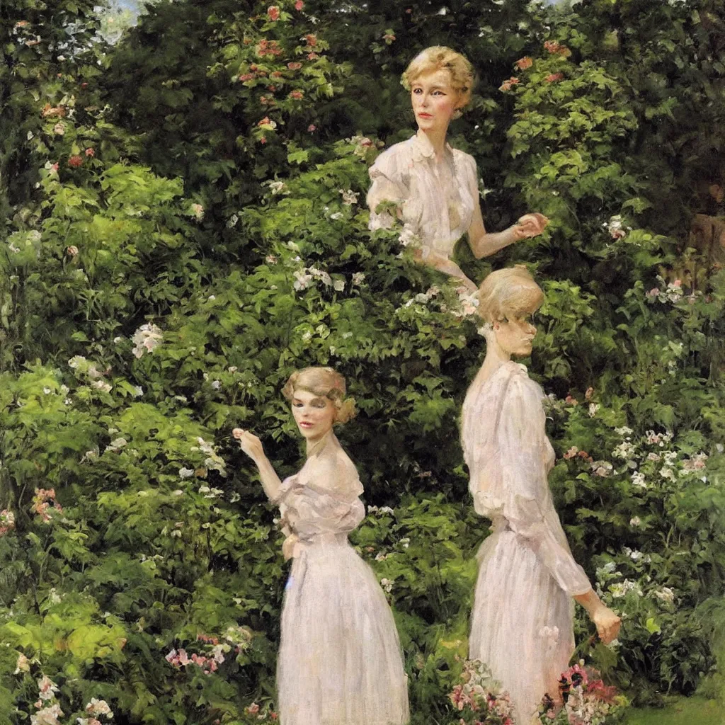 Prompt: a portrait of a beautiful women in a beautiful garden by whitmore coby