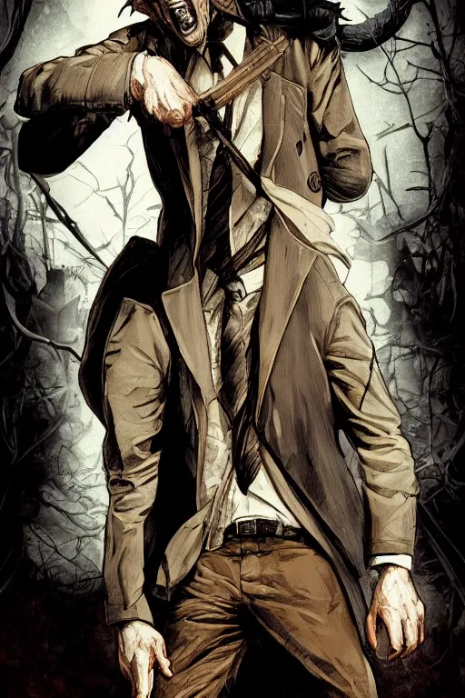 Image similar to john constantine in sleepy hollow, full body, big two toned eyes, teeth gritted, horror, intricate details, cinematic, epic, realistic, anatomy, tomer hanuka, uplight, artstation, photorealistic, scary