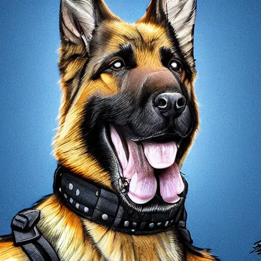 Image similar to German Shepherd Police Officer, digital art, artstation, very detailed, award winning, Furry Art,