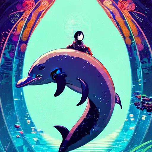 Image similar to a beautiful hyperdetailed character design 4 k wallpaper illustration of a cute dolphin, victo ngai cyberpunk style, from china, style of studio ghibli, makoto shinkai, raphael lacoste, louis comfort tiffany, artgerm, james jean, ross tran, chinese style