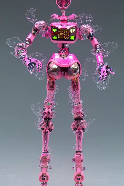 Prompt: a super huge bubbly super detailed anime figurine with fluo color detail, and muted arm colors, that looks like a intricate delicate robot, decorated by plastic synthetic ionized metal flower sculptures