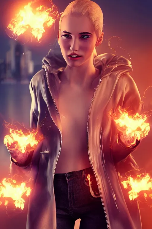 Image similar to wonderful young blonde woman with flames dancing on her hands with a long jacket in a cyberpunk city, realistic mouth, lens flare, realistic, high definition, detailed and symetric face, detailed and realistic hands, expressive eyes, 4 k, shimmering color, epic digital art