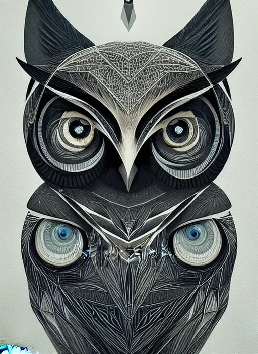 Image similar to portrait of a geometric owl, identical eyes, medium shot, illustration, full body made of white feathers, symmetrical, art stand, super detailed, cinematic lighting, and its detailed and intricate, gorgeous, by peter mohrbacher