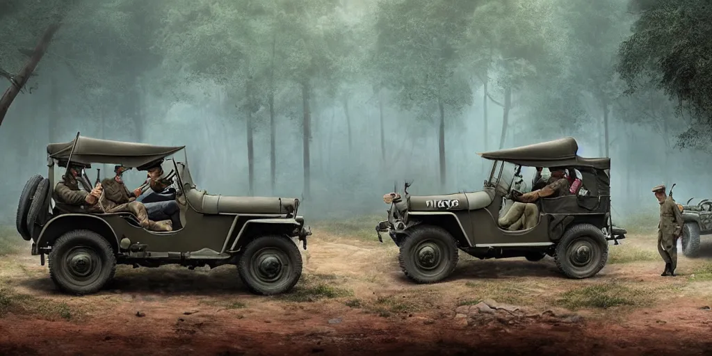 Image similar to british officers riding willys jeep, in kerala forest road in 1921, chasing a culprit, action scene, an epic fantasy, dramatic lighting, cinematic, establishing shot, extremely high detail, photorealistic, cinematic lighting, matte painting, artstation, by simon stalenhag, horizon forbideen west