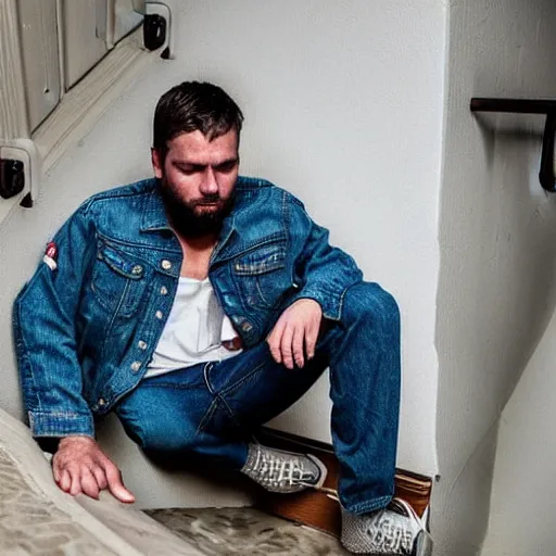 Image similar to man lying down in a stairwell, carrying cursed denim jacket of Popeda, cursed half-used bottle of alcohol and cursed message from ex-wife