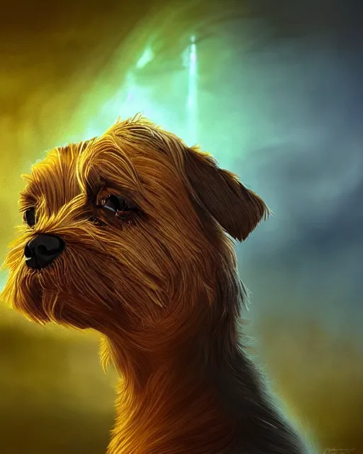 Prompt: mystic border terrier in the river , glow eyes ,fantasy, cinematic,volumetric lighting, symmetrical,sharp focus,digital painting, mystical art, smooth