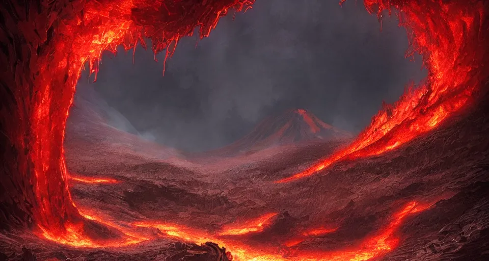 Image similar to a volcano made of ivory vines and crimson rocks enters in eruption, it spits a smoke in the shape of demonic eye, by Marc Simonetti