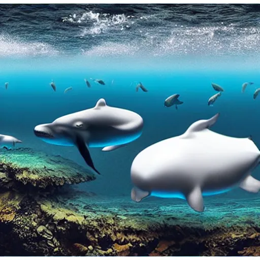 Image similar to hyperrealistic underwater photography, panoramic picture of an ocean floor with some baluga whales. focus on the whales. the whales are anatomically correct and highly detailed. lots of bubbles. seaweed and some rocks. gloomy scattered light entering from the water surface, trending on artstation, hq, 8 k