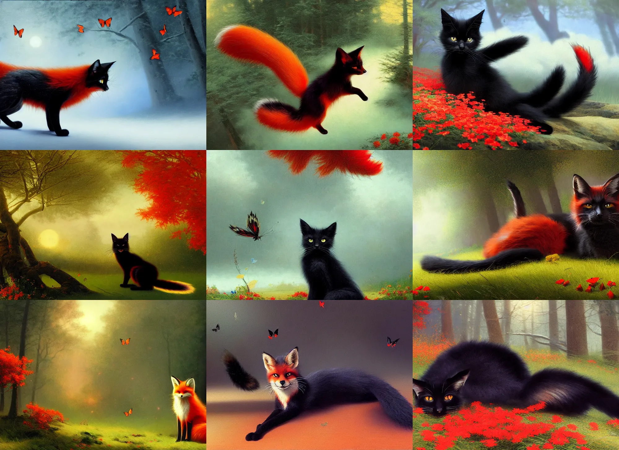 Prompt: black cat with fluffy red tail like fox tail lying with butterflies at sunny forest, high detailed, hyper realistic, photorealistic, ray tracing, ivan aivazovsky