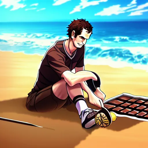 Image similar to andy murray eating chocolate on the beach, sunshine, illustration, style of sword art online, trending on artstation