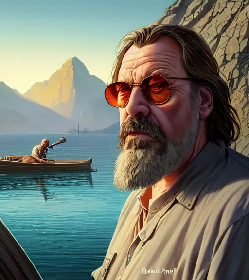 Image similar to highly detailed portrait of the dude from the big lebowski in gta v, stephen bliss, unreal engine, fantasy art by greg rutkowski, loish, rhads, ferdinand knab, makoto shinkai and lois van baarle, ilya kuvshinov, rossdraws, tom bagshaw, global illumination, radiant light, detailed and intricate environment