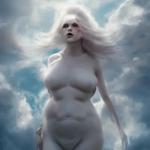 Image similar to a colossal goddess wearing a cloud fashion is looking on us from above, creative, albino skin, giant, digital art, photo manipulation, clouds, covered in clouds, girl clouds, covered by clouds, white hair, digital painting, artstation