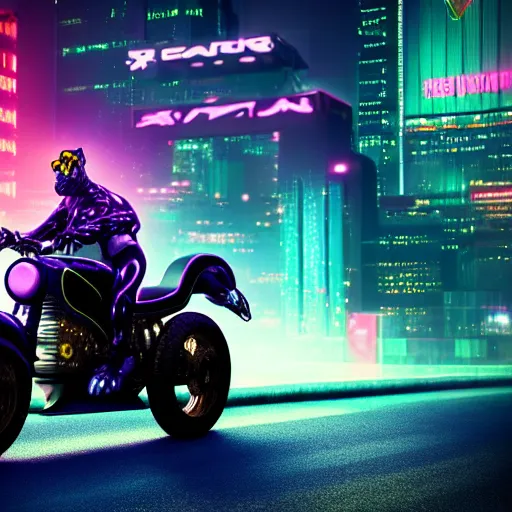 Image similar to portrait of a neon cyberpunk jaguar animal riding a motorcycle, octane render