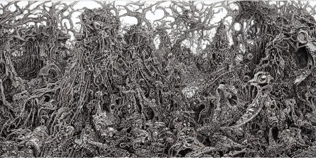 Image similar to ian miller, realms of chaos, landscape, terrifying, ultra detailed