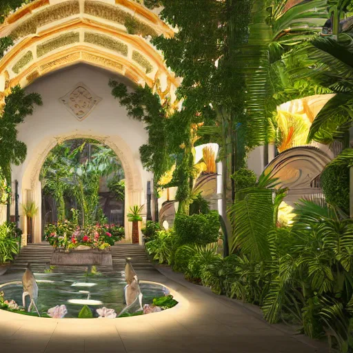 Image similar to grand cathedral interior with koi pond in the middle surrounded by palm trees, ivy, flowers, tropical plants, roses, and with archways, rendered in octane render with photorealistic lighting, cinematic