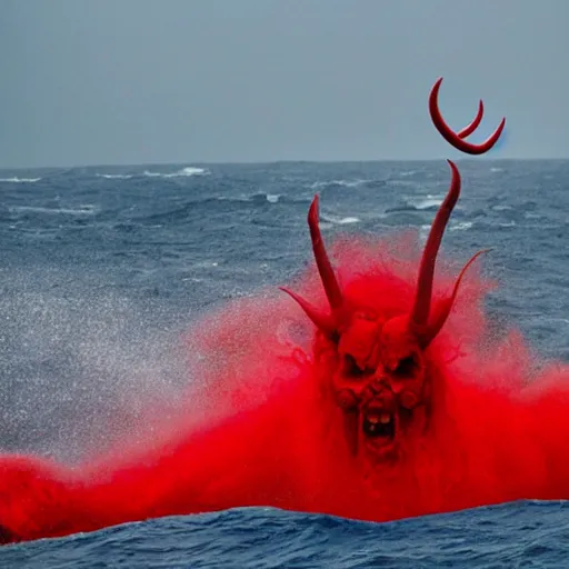 Image similar to a devilish red monster with horns emerging from boiling rough seas, photo by david lachapelle, s - 5 0