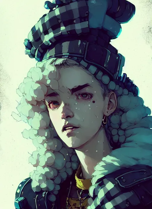 Prompt: highly detailed closeup portrait of a sewer punk lady paladin, tartan vestments, curly blonde hair by atey ghailan, by greg rutkowski, by greg tocchini, by james gilleard, by joe fenton, by kaethe butcher, gradient, blue, black, brown and cream color scheme, grunge aesthetic!!! white graffiti tag wall background