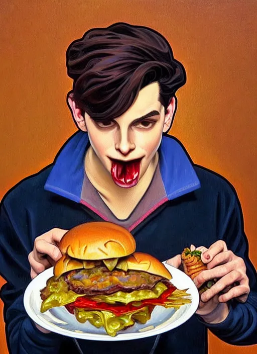 Prompt: oil painting, jughead jones devours a hamburger, intricate, elegant, highly detailed, lighting, painting, artstation, smooth, illustration, art by greg rutowski and alphonse mucha