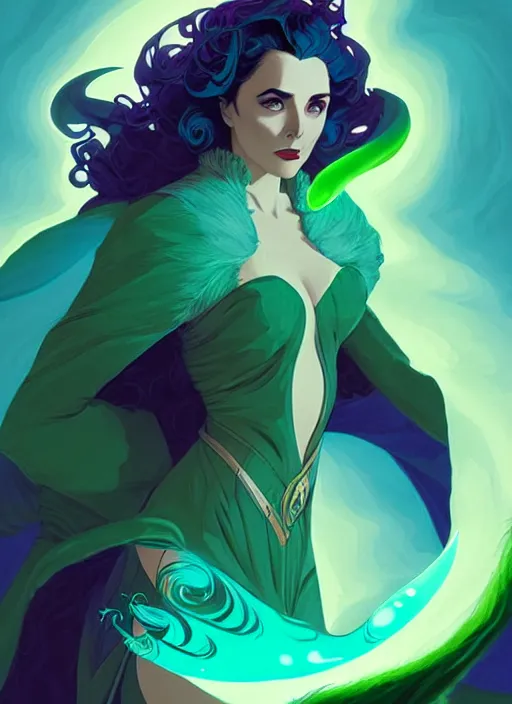 Image similar to style artgerm, joshua middleton, illustration, elizabeth taylor as a dragon priestess wearing green pelt light armor, blue hair, swirling water cosmos, fantasy, dnd, cinematic lighting