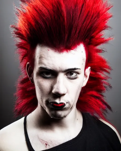 Prompt: man with a red dyed mohawk, dressed in punk clothing, portrait photo