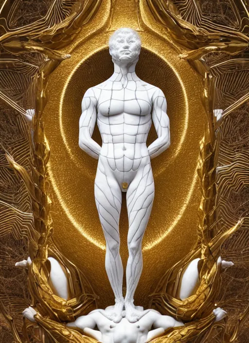 Image similar to a statue made of white marble with gold veins, of corn man, full body shot, perfect symmetrical body, perfect symmetrical face, hyper realistic, hyper detailed, by johannen voss, by peter kemp, by monia merlo, by michelangelo, by ernst haeckel, by alex grey, octane render, blender, 8 k