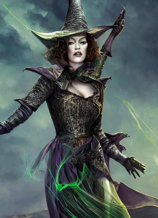 Image similar to beautiful female wicked witch, milla jovovich as the wicked witch of the west, full body character concept, armor, super powers, fantasy, intricate, elegant, highly detailed, digital painting, artstation, concept art, shining, sharp focus, illustration, art by stanley lau