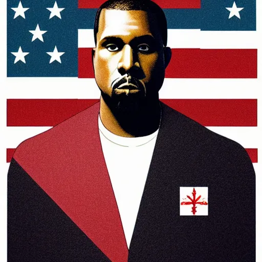 Image similar to Russian Propaganda Soviet illustrated poster of Kanye West as President standing in front of a USA America flag