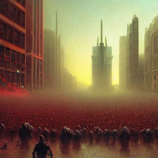 Prompt: a huge crowd, populace, education of the masses, dystopia, oil painting, wide angle, totalitarian, brutalist architecture, sharp focus, vibrant colors, detailed, volumetric lighting, impactful masterpiece, by wayne barlowe, by kunkle brad, by ivan aivazovski