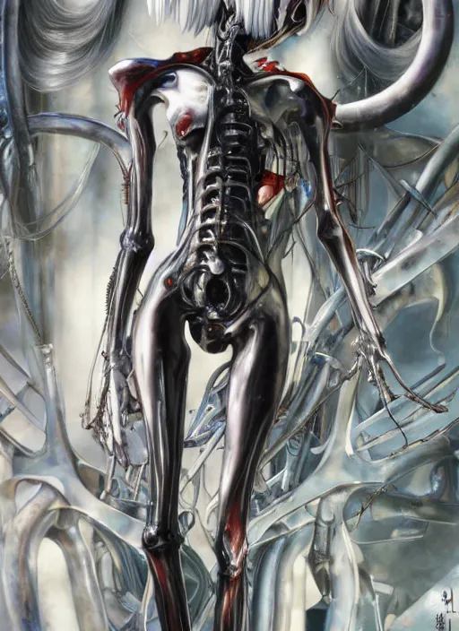 Image similar to Rei Ayanami by Yoshitaka Amano, by HR Giger, 4k, hyper detailed, hyperrealism