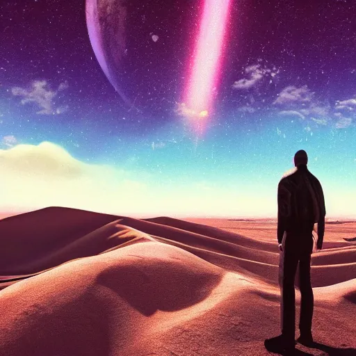 Prompt: realistic man standing in high desert, cyberpunk, digital art, trending on artstation, neon, desert, stars, vaporwave, retrowave, synthpop, 1 9 8 0 s, colorful, glowing, purple