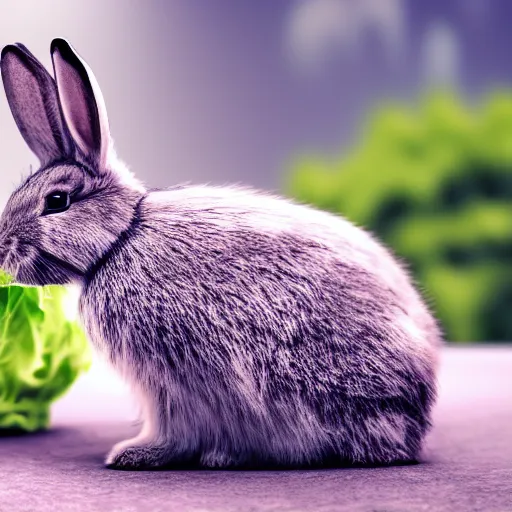 Prompt: Rabbit eating lettuce, black and white fur, very furry, pink nose , photorealistic, ultra-detailed, 4k high resolution, HDR shot