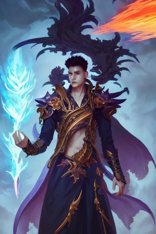 Prompt: beautiful male necromancer with thunder and fire, attarctive pretty face, anime key visual, highly detailed, sharp focus, concept art, league of legends, style by shumolly and monable and artgerm and greg rutkowski and jo chen and pilyeon and ruan jia and alphonse mucha