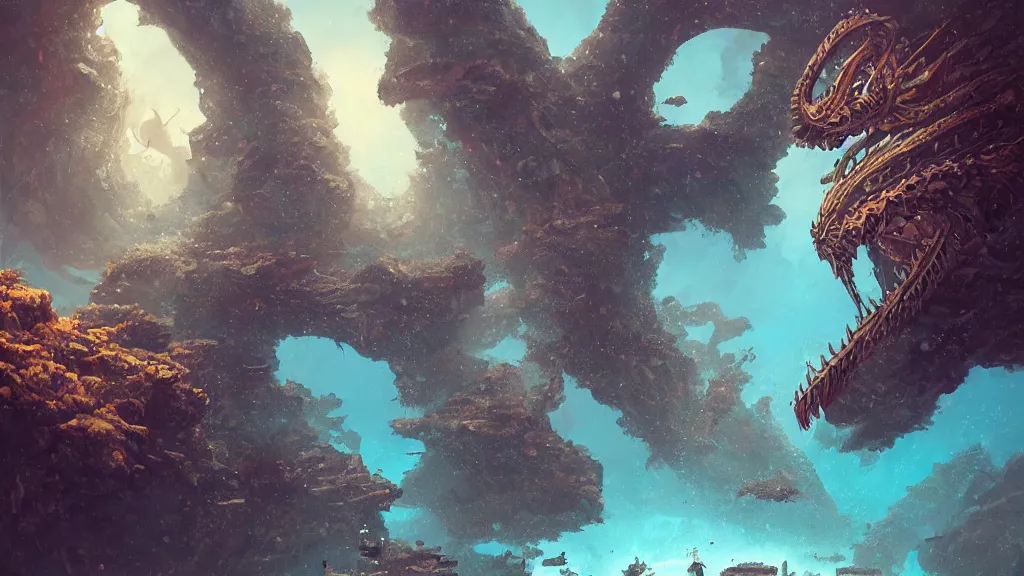 Prompt: A diver is under the sea, he has a treasure with him, he is swimming away from the giant Ryūjin that is behind hunting him, this is an extravagant planet with wacky wildlife and some mythical animals, the background is full of ancient ruins, the ambient is vivid with a terrifying atmosphere, by Jordan Grimmer digital art, trending on Artstation,