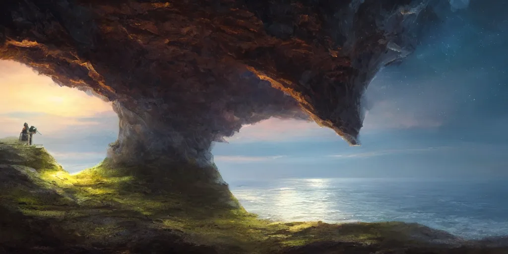 Image similar to a cavern on the edge of a cliff overlooking the ocean at night by Jessica Rossier, trending on artstation