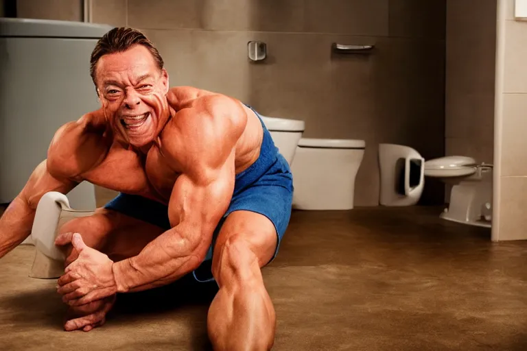 Prompt: hyperrealistic Jean Claude Vandamme doing the splits over a toilet, golden hour, smiling, award winning