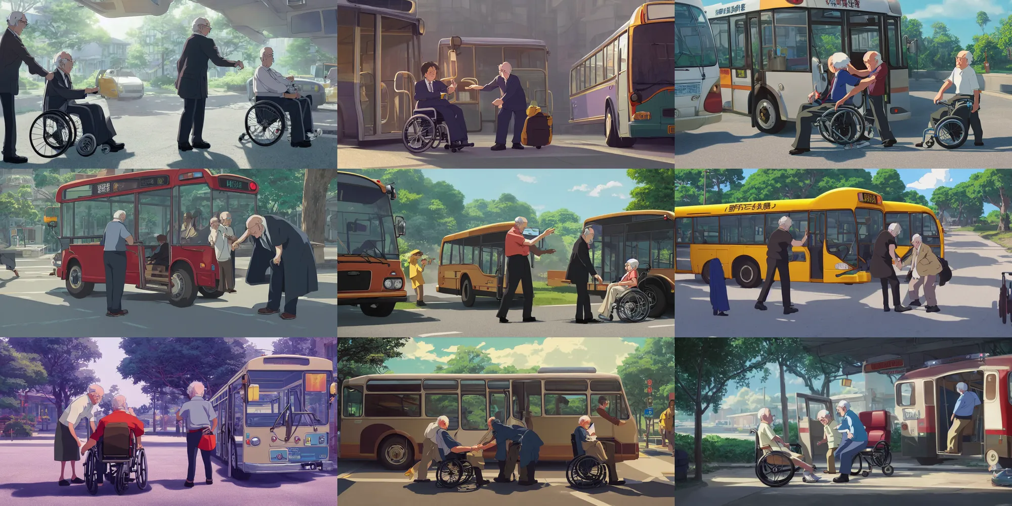 Prompt: a wholesome animation key shot of a bus driver helping grandpa in the wheelchair enter the bus, medium shot, waist up, studio Ghibli, Pixar and Disney animation, sharp, Rendered in Unreal Engine 5, anime key art by Greg Rutkowski, Bloom, dramatic lighting