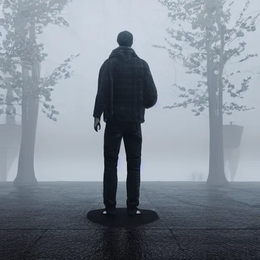 Prompt: photorealistic image of a man in fog standing in the middle, unreal engine 5 8k image quality, trending on ArtStation, long shot