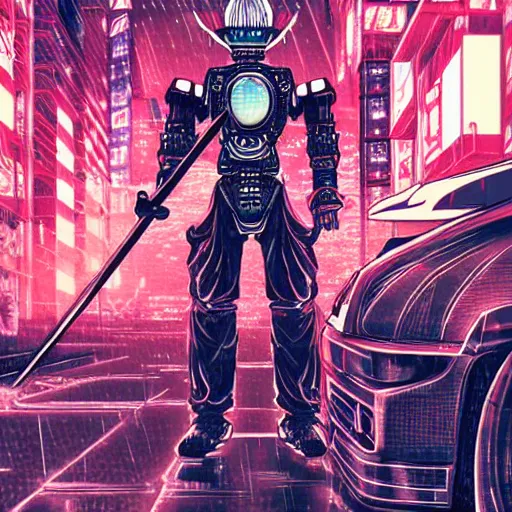 Prompt: beautiful hyper-detailed full colour manga illustration of a robot ninja warrior with a sword, standing on top of a modified Nissan skyline r34, cyberpunk, dystopian, neon, rain