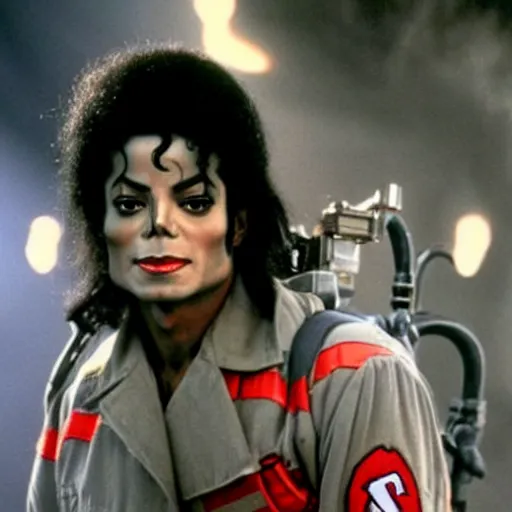 Image similar to stunning awe inspiring michael jackson with a highly detailed face as a ghostbuster in the movie ghostbusters, movie still 8 k hdr atmospheric lighting