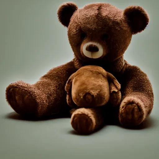 Image similar to Portrait studio photograph of baby Kanye West with a anthropomorphic teddy bear, close up, shallow depth of field, in the style of Felice Beato, Noir film still, 40mm