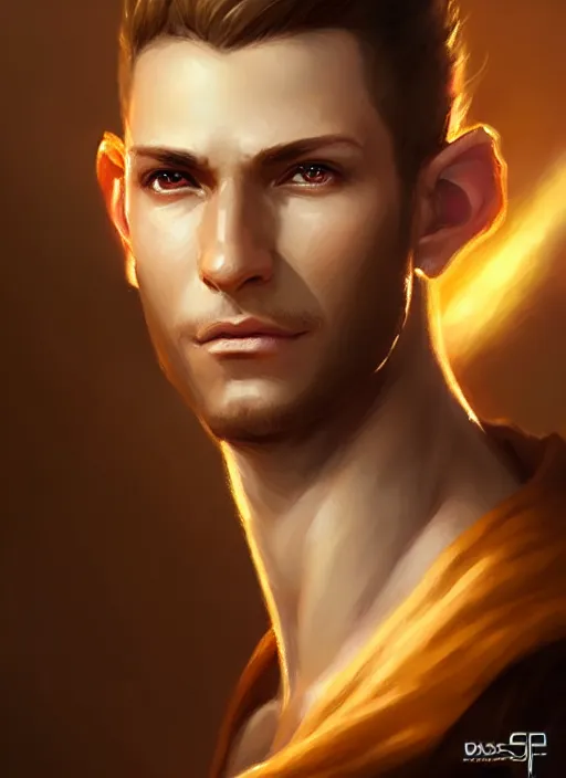 Image similar to a _ fantasy _ style _ portrait _ painting _ of light brown male short hair chiseled face big ears, rpg dnd oil _ painting _ unreal _ 5 _ daz. _ rpg _ portrait _ extremely _ detailed _ artgerm _ greg _ rutkowski _ greg