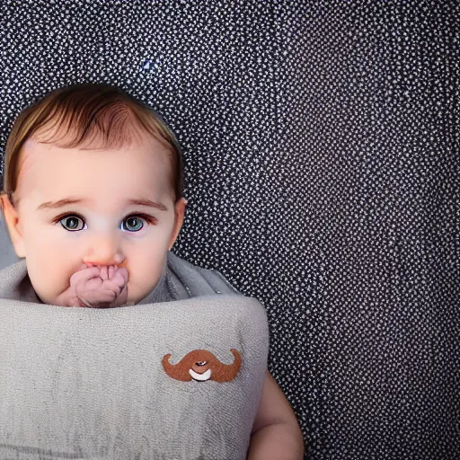 Image similar to baby with a very thick moustache laying on a blanket, photograph, dark moustache, tom selleck style moustache, sam elliot style moustache, grouch marx style moustache, depth of field, cute baby with moustache, olan mills, professional portrait photograph