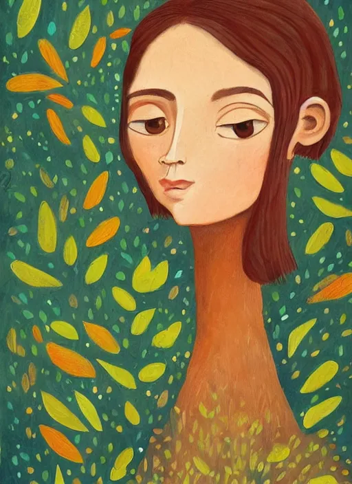 Image similar to a wonderful childrens illustration book portrait painting of a woman with serene emotion, art by tracie grimwood, forest, trees, many leaves, birds, whimsical, aesthetically pleasing and harmonious natural colors