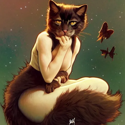 Prompt: A fuzzy cat sitting on planet earth, matte, sharp focus, illustration, art by Artgerm and Greg Rutkowski and Alphonse Mucha