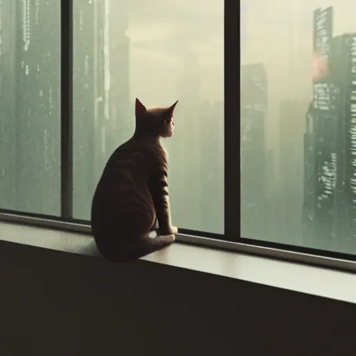 Prompt: A cat sitting on a window watching the view of a cyberpunk city, 24mm, 8k, octane render, beautiful, peaceful, cyberpunk, moody, raining, rain, super detailed, dof, volumetric lighting, rtx, raytracing